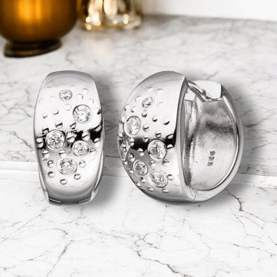Creolen breit 925 Silber mit Zirkonia Ohrringe Silberohrringe Silbercreolen