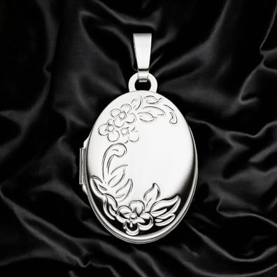 Medaillon Blumen oval für 2 Fotos 585 Gold Weißgold Anhänger zum Öffnen