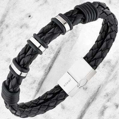 Herren Armband 2-reihig Leder schwarz mit Edelstahl 21 cm Herrenarmband