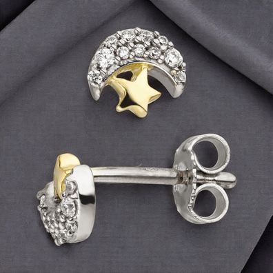 Kinder Ohrstecker Mond Stern 925 Sterling Silber bicolor vergoldet 22 Zirkonia
