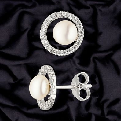 Ohrstecker 925 Sterling Silber 2 Süßwasser Perlen 44 Zirkonia Ohrringe