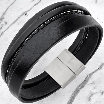 Herren Armband 5-reihig Leder schwarz geflochten Edelstahl 21 cm Herrenarmband