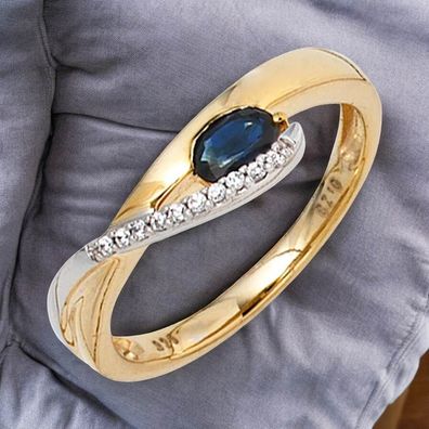 Damen Ring 333 Gold Gelbgold Weißgold 1 Safir blau 10 Zirkonia Goldring