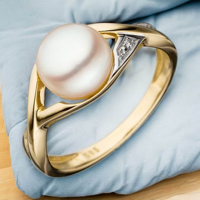 Damen Ring 585 Gold Gelbgold bicolor 1 Süßwasser Perle Goldring Perlenring