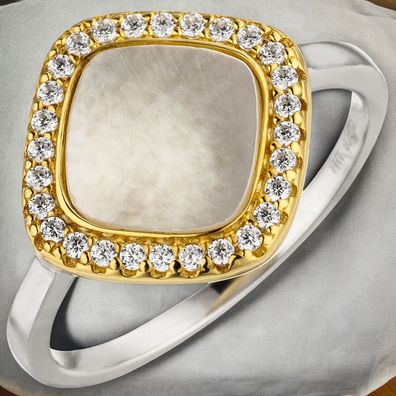 Damen Ring 925 Sterling Silber bicolor vergoldet Perlmutt 28 Zirkonia