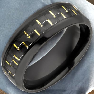 Herren Ring Edelstahl schwarz beschichtet mit Carbon Einlage goldfarben