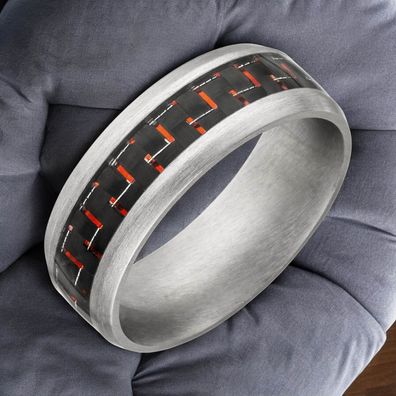 Herren Ring Edelstahl matt Carbon-Einlagen roten Effekten Herrenring