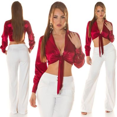 SeXy Miss Damen Girly Satin Binde Crop Bluse Hemd Langarm 34/36/38 TOP bordeaux