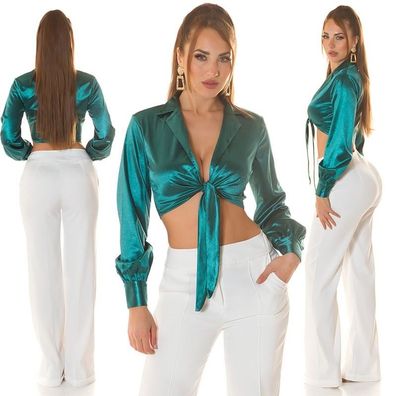 SeXy Miss Damen Girly Satin Binde Crop Bluse Hemd Langarm 34/36/38 TOP grün