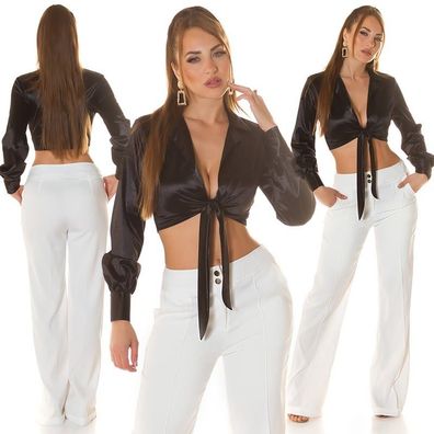 SeXy Miss Damen Girly Satin Binde Crop Bluse Hemd Langarm 34/36/38 TOP schwarz