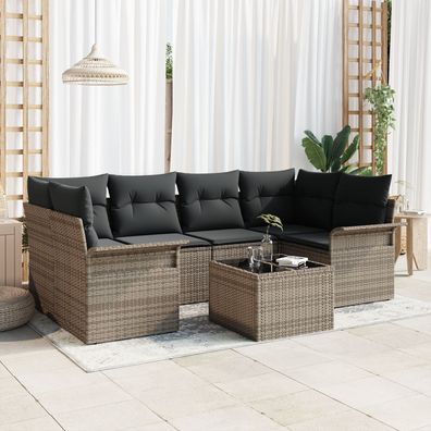 vidaXL 7-teiliges Garten-Sofa-Set mit Kissen Grau Poly Rattan