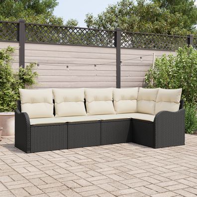 vidaXL 5-teiliges Garten-Sofaset mit Kissen Schwarz Poly-Rattan