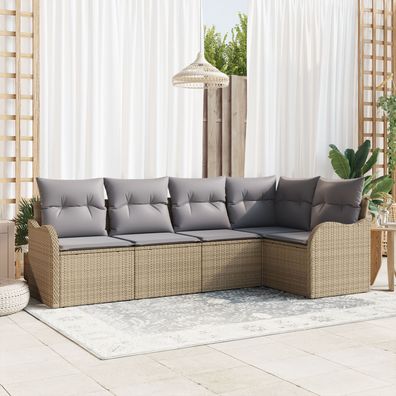 vidaXL 5-teiliges Garten-Sofa-Set mit Kissen Beige Poly Rattan