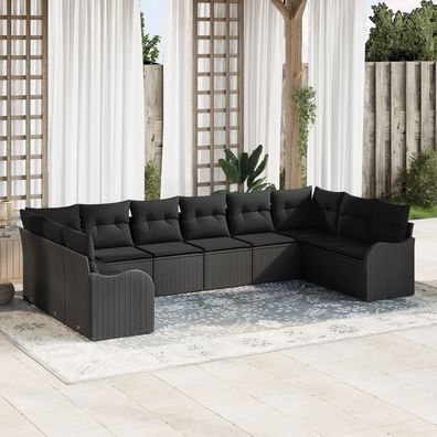 vidaXL 10-tlg. Garten-Sofagarnitur mit Kissen Schwarz Poly Rattan
