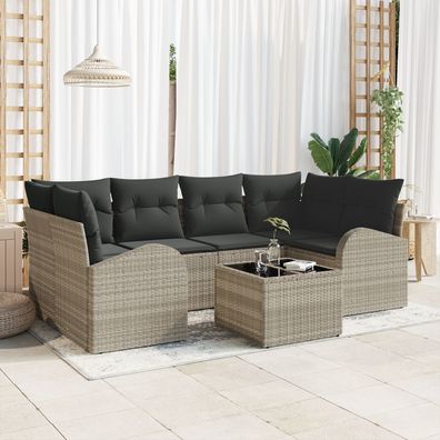 vidaXL 7-tlg. Garten-Sofagarnitur mit Kissen Hellgrau Poly Rattan