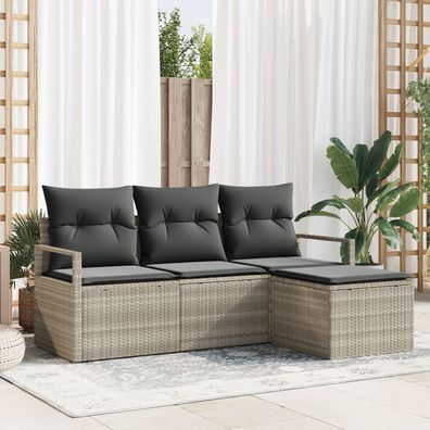 vidaXL 4-teilige Garten-Sofa-Sitzgarnitur mit Kissen Hellgrau Poly-Rattan