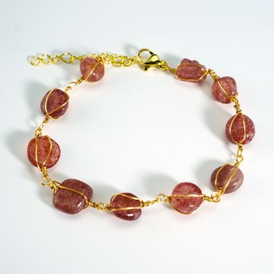 Edelstein Armband Strawberry Quartz 14K Gold Filled zart Rot Geschenk Damen