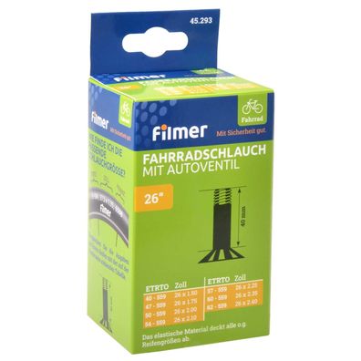 Filmer 45.293 Fahrradschlauch 26 x 1,75/2,125 Autoventil - Schlauch für 26" Rad