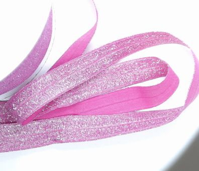 1m x 15mm Falzgummi elastisch Satinglanz Farbe Pink mit Silber Glitzereffekt