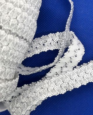 1m x 15mm Glamour Posament-Falzgummi für Brautmoden, Tracht, Haarband Weiß / Silber