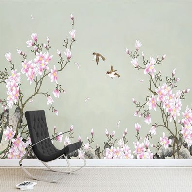 Vlies Fototapete Wandtapete Wandbilder Stil Magnolienblüten und Vögeln 9747