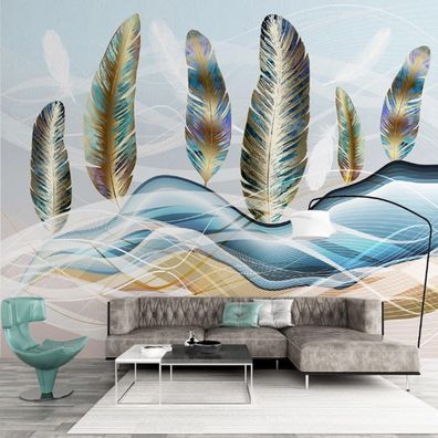 Vlies Fototapete Wandtapete Wandbilder Abstrakte Linien Goldene Federn 9767