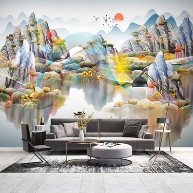 Vlies Fototapete Wandtapete Wandbilder Stil mit Goldener Landschaft Elch 9768