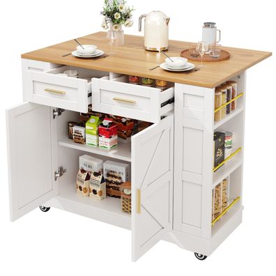 Moderne Kücheninsel mit Stauraum, Esstisch & Speisewagen in Holzoptik Weiß