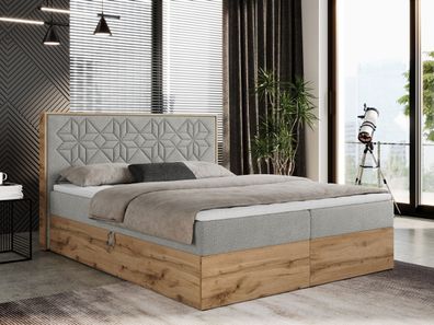 Boxspringbett NESSI mit dekorativem Kopfteil und Bettkästen, Massivholzbett