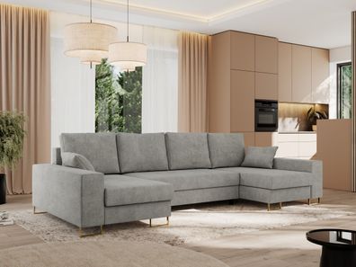 Ecksofa U-form mit Schlaffunktion, goldene Metallbeine, Wohnlandschaft - DORIAN U