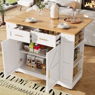 Moderner Küchenwagen mit Holzmaserung & Rädern - Weiß, mit ausziehbaren Funktionsschr