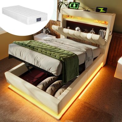 Polsterbett 90x200cm mit LED, USB, Stauraum und Matratze, Leinenstoff Beige