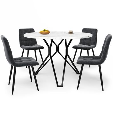 Esstisch Set rund 100cm mit 4 Stühlen, Marmoroptik, modern, grau und schwarz