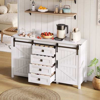 Sideboard 137cm weiß mit Schiebetüren und 4 Schubladen, Vintage-Stil, viel Stauraum