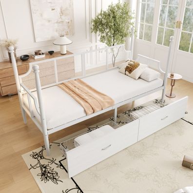 Metallbett Sofa 90x200cm weiß, Vintage-Stil mit Ablage, Netzlehne & hoher Rahmen