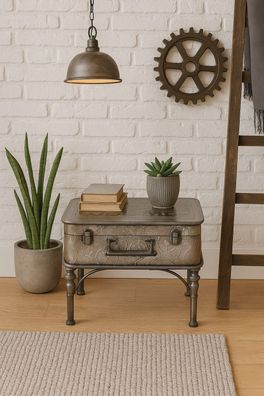 Industrial Couchtisch im Vintage-Koffer-Look - Metall, Grau, mit Stauraum