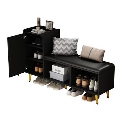 Schuhschrank mit Sitz & Stauraum - Schwarz Hochglanz, Goldzubehör, für Flur & Eingang