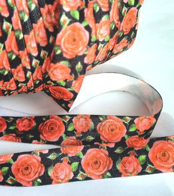 1m x 15mm Falzgummi Einfassband elastisch Satinglanz Schwarz Rose Coralle Print