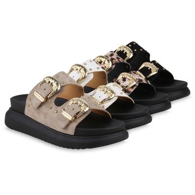 VAN HILL Damen Plateau Sandaletten Nieten Pantoletten Schnallen Schuhe 841659