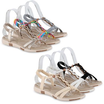VAN HILL Damen Riemchensandalen Sandalen Zierperlen Leder-Optik Schuhe