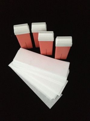 4 Wachspatronen pink, sensitiv, 100 ml Profi Qualität + 100 Vliesstreifen 20x7