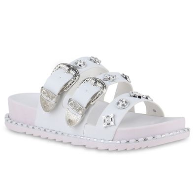 VAN HILL Damen Pantoletten Sandalen Zierperlen Schnallen Nieten Schuhe
