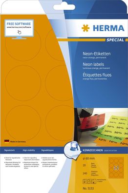 Herma 5153 5153 Etiketten A4 neon-orange Ø 60 mm rund Papier matt 240 St