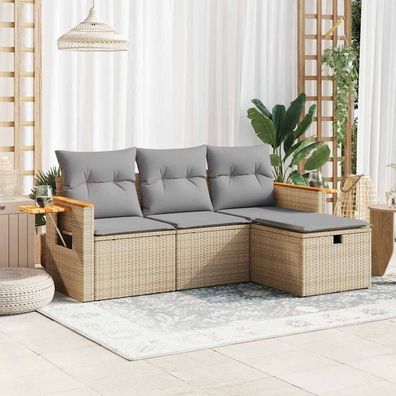 vidaXL 4-tlg. Garten-Sofagarnitur mit Kissen Beige Poly Rattan