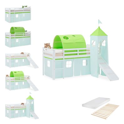 Hochbett Kinder 90x200 cm Kinderbett Kinderhochbett Stockbett Tunnel Vorhang Turm
