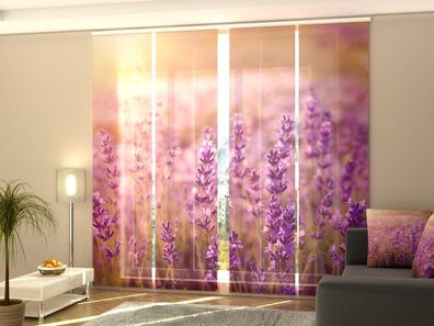 Fotogardine 1-4 tlg. "Sonnenuntergang über Lavendelfeld" Schiebegardine mit Blumen