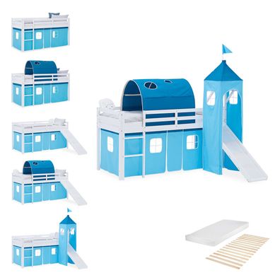 Hochbett Kinder 90x200 cm Kinderbett Kinderhochbett Stockbett Tunnel Vorhang Turm