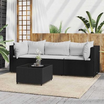 vidaXL 4-tlg. Garten-Lounge-Set mit Kissen Schwarz Poly Rattan