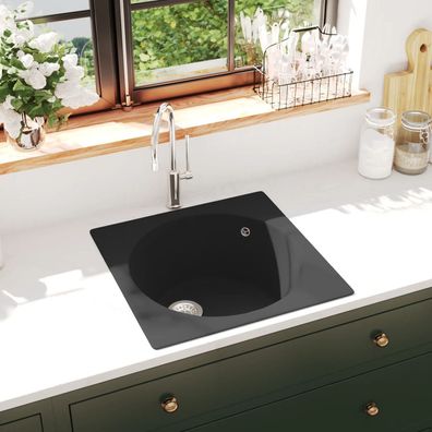 vidaXL Küchenspüle mit Überlauf Schwarz Granit