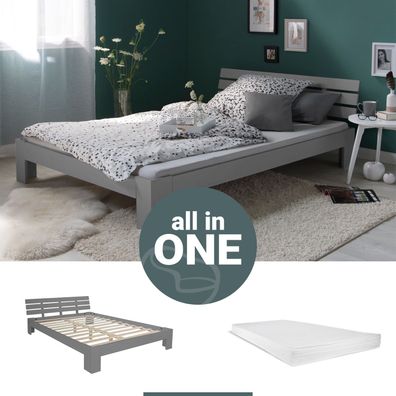 Doppelbett mit Matratze und Lattenrost 120x200 Bett Grau Kiefer Massiv Bettgestell